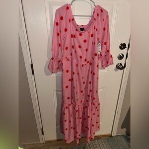 Pink off the shoulder Maxi Dress with Red Polka Dots